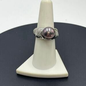 RT Platinum Sterling 12mm Black Cultured Freshwater Pearl Diamond Star Ring 7.25